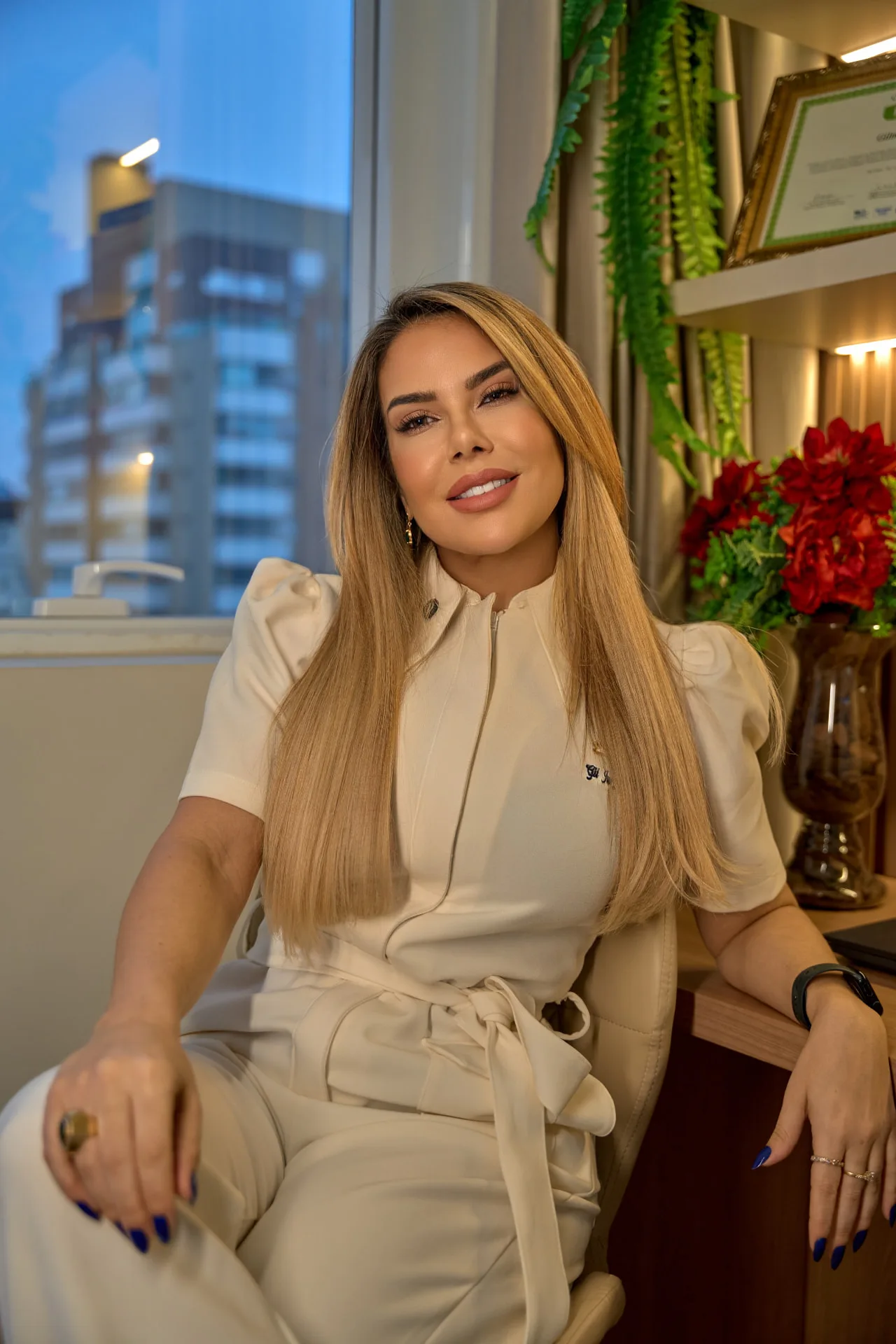 Dra. Gil Jung sentada em seu consultório.