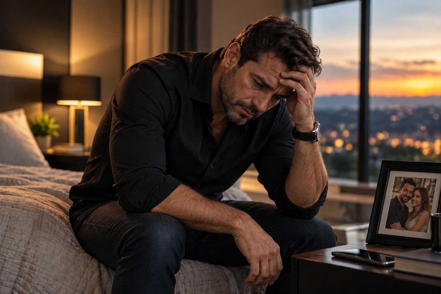 Ilustração de homem sentado na beira da cama à noite, representando separação e reconstrução emocional.